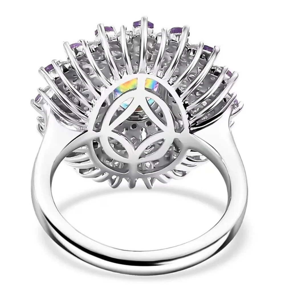 Nebula Quartz Doublet and Multi Gemstone 3.40 ctw Galactic Bloom Sterling Ring 7